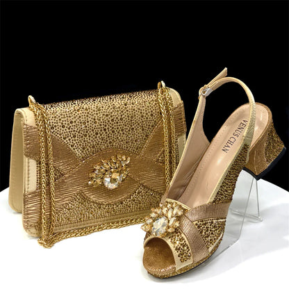 Luxurious Italian Women's Party Shoe and Bag Set – Elegant Black Rhinestone Peep-Toe High Heels Sandals for Weddings