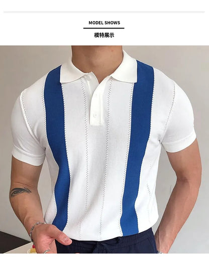 Summer Clothing Men's Casual Knitted Patchwork Short Sleeve Polo Shirt Lapel Button Breathable T Shirt Fashion Luxury M-3XL