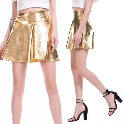 Elegant Metallic Pleated Skirt Gold Silver Flared Design A-line Short Skirt Retro Solid Color Girls Short Mini Skirt Clubwear