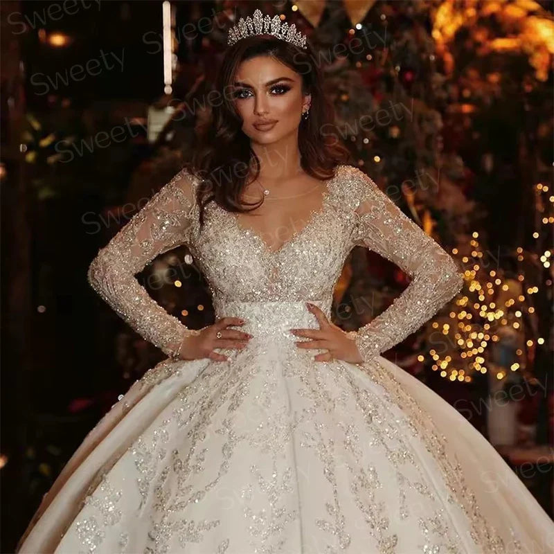 Wedding Dress Fully Beaded With Princess Ball Gown O-Neck Full Sleeve Bride Dress Customized Button Vestido De Novia