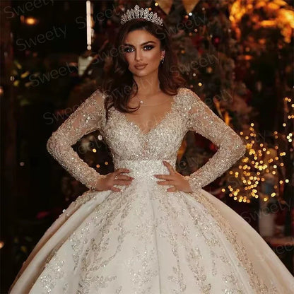 Wedding Dress Fully Beaded With Princess Ball Gown O-Neck Full Sleeve Bride Dress Customized Button Vestido De Novia