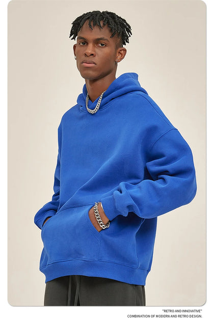 Thick 350gsm Fleece Hooded Hoodies For Men Unisex Winter Oversized Loose Basic Solid Sweatshirts Pullovers Coats HY0631