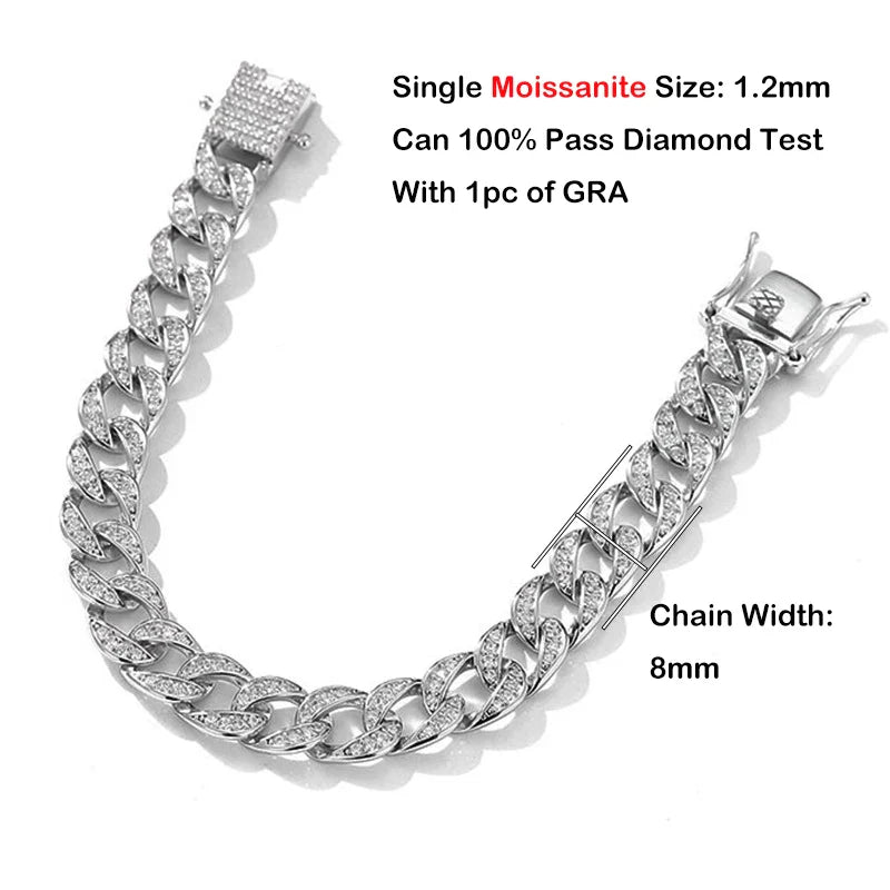 Full 1.2mm D Color Moissanite Cuban Chain Bracelet For Men Women S925 Silver Pass Diamond Test 8mm Wide Link Bracelets Gift