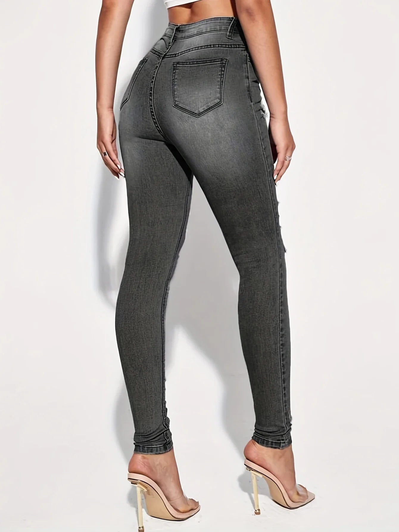 Women Fashion Mid Waist Ripped Hole Jeans