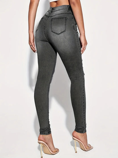 Women Fashion Mid Waist Ripped Hole Jeans