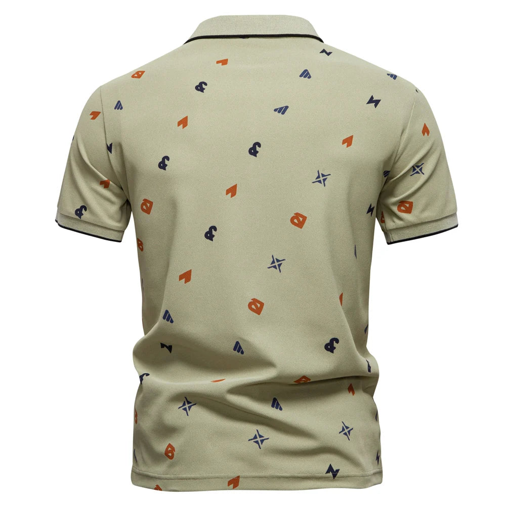 ‌2025 Summer New Men's Solid Color Polo Shirt with Printed Turn-Down Collar Casual Slim Fit Breathable Comfortable Top‌