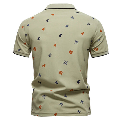 ‌2025 Summer New Men's Solid Color Polo Shirt with Printed Turn-Down Collar Casual Slim Fit Breathable Comfortable Top‌