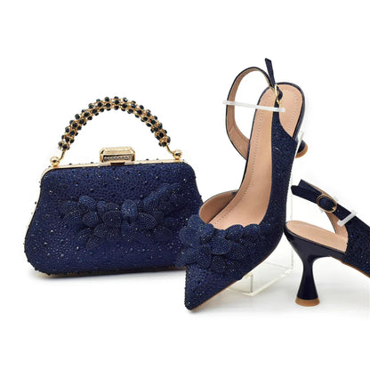 2026 Nigerian Style Rhinestone Medium Heeled Sandals for Women Fashion Wedding Party Shoes and Bags Set with Rhinestone