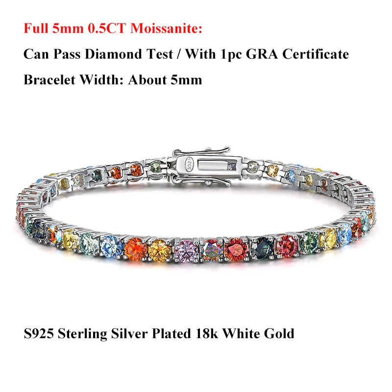 Multicolor Full 3/4/5mm Green Blue Pink Moissanite Tennis Bracelet For Women 925 Silver Pass Diamond Test Link Bracelets