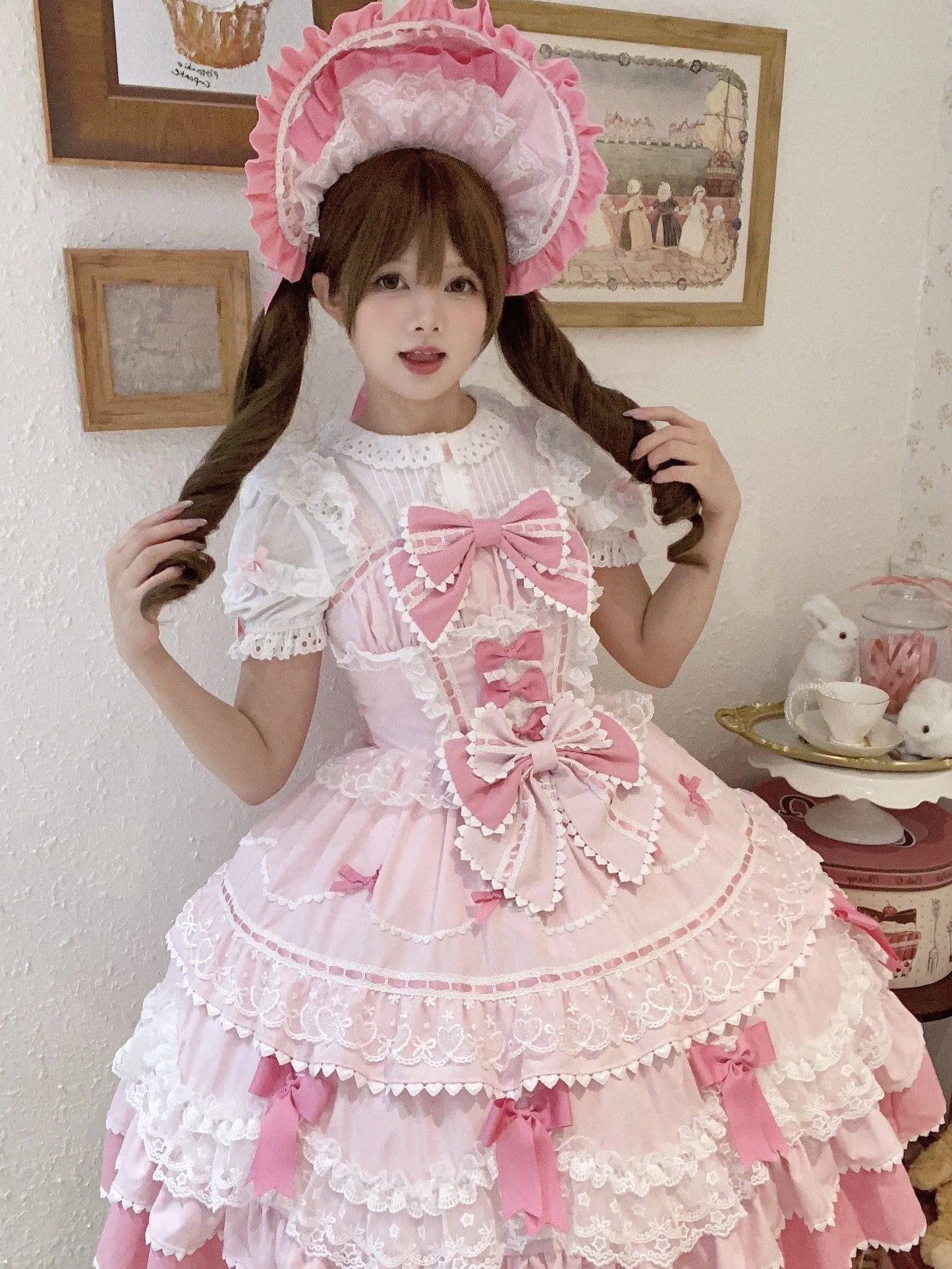 New 2025 Summer Original Sweet Lolita Jsk Dress Cute Bow Lace Stitching Kawaii Girls Women Elegant Slim Suspender Dresses