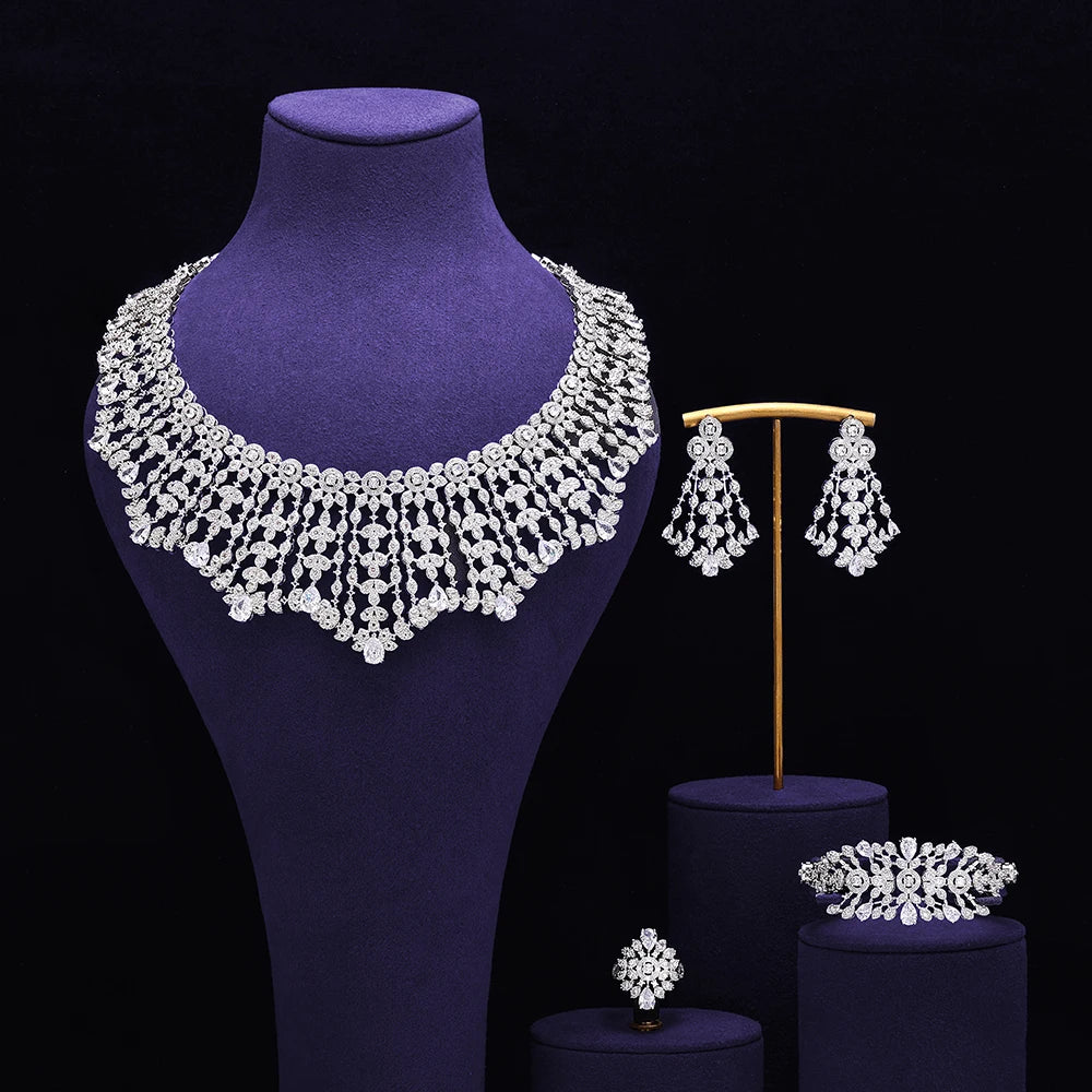 4 pieces of bride zirconia full set of women's party jewelry, luxury Dubai Nigeria CZ luxury crystal wedding necklace set