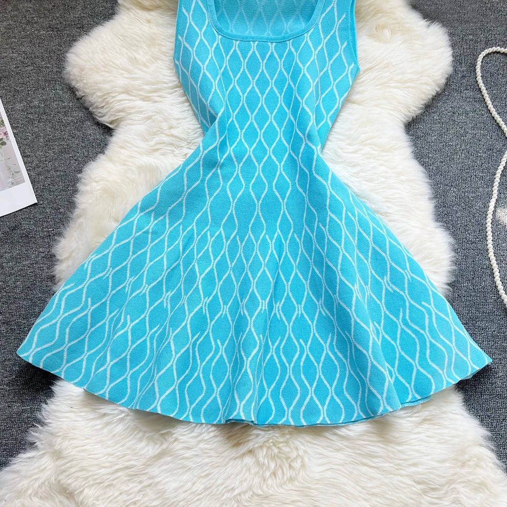 Fashion A-line Short Women Dress Elegant Y2K Geometric Knitted Summer Dress Female Harajuku Black Party Vestidos