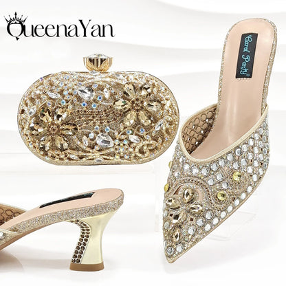 Nigerian Design Comfortable Women's Shoes with Diamond Oval Bag Women's High Heels for Party or Work