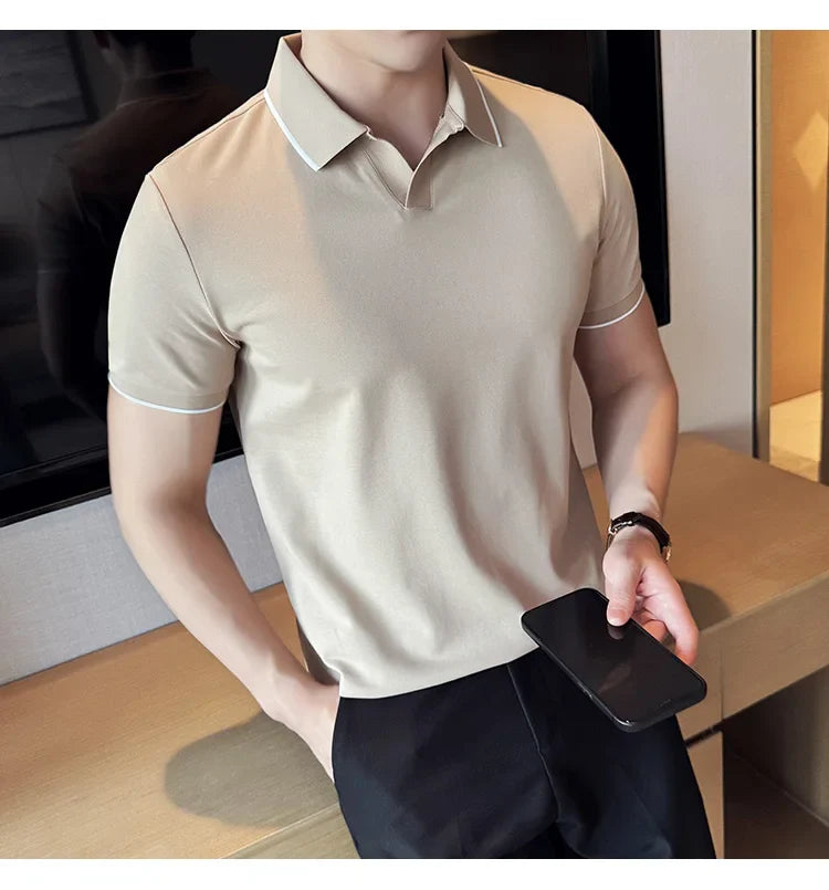 Business Casual Solid Color Men's Polo Shirt, 2024 Summer Classic, Men Short Sleeve V-neck T-shirt, Slim Fit Spliced Polo 4XL-M