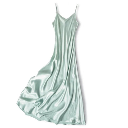100% Natural Mulberry Silk Plain Satin French V-neck Diagonal Cut Women's Sexy Solid Suspender Dress