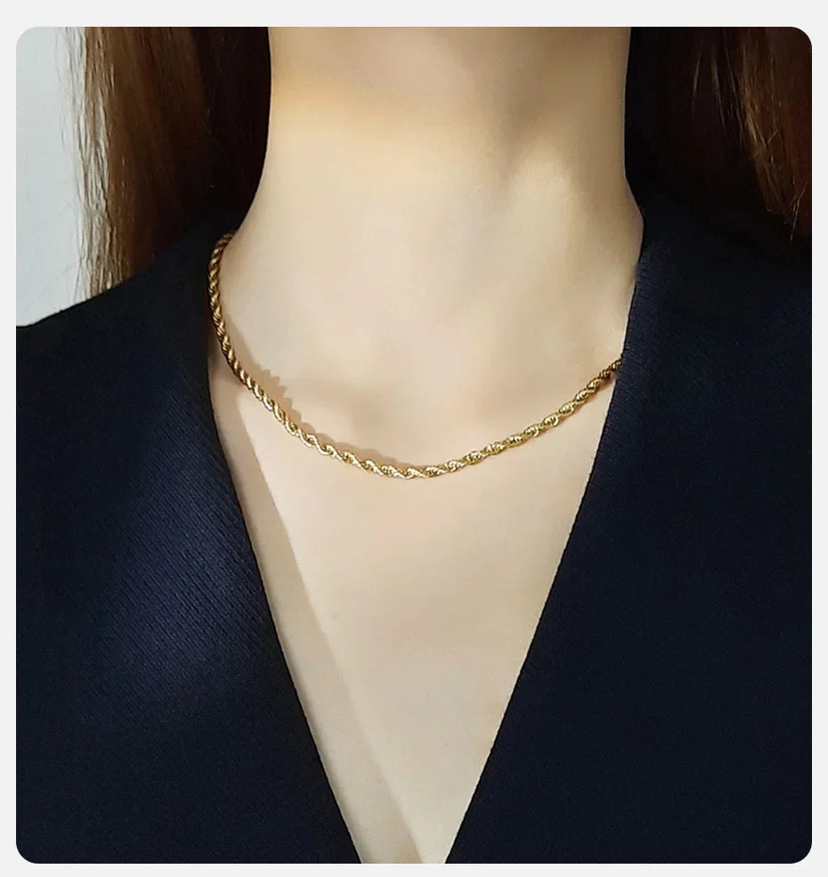 Dainty Gold Color Rope Chain Necklaces for Women Men,Chic Twisted Collar, Waterproof Stainless Steel Link 2/3/4/5mm Width