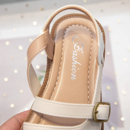 Girls Roman Sandals Open Toe Little Kids Leather Sandals with Buckle Open Toe Children Summer Beach Shoes Non-Slip Soft Sole