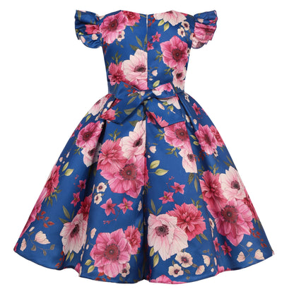 Cross-border special summer burst dress girls printed waist wedding dress flower girl short-sleeved princess puffy skirt