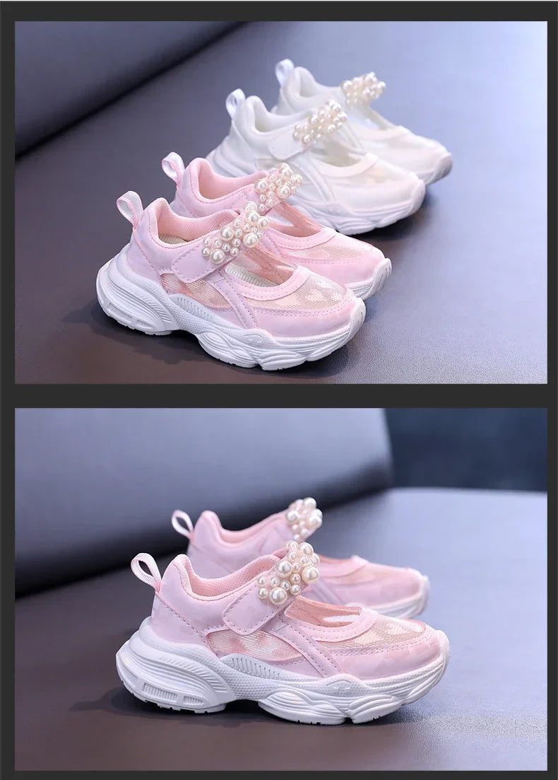 Girls Tennis Shoes Mesh Hollowed 2024 Summer New Children Solid Color Pearl Sports Shoes Kids Princess Sneakers Cute Heart