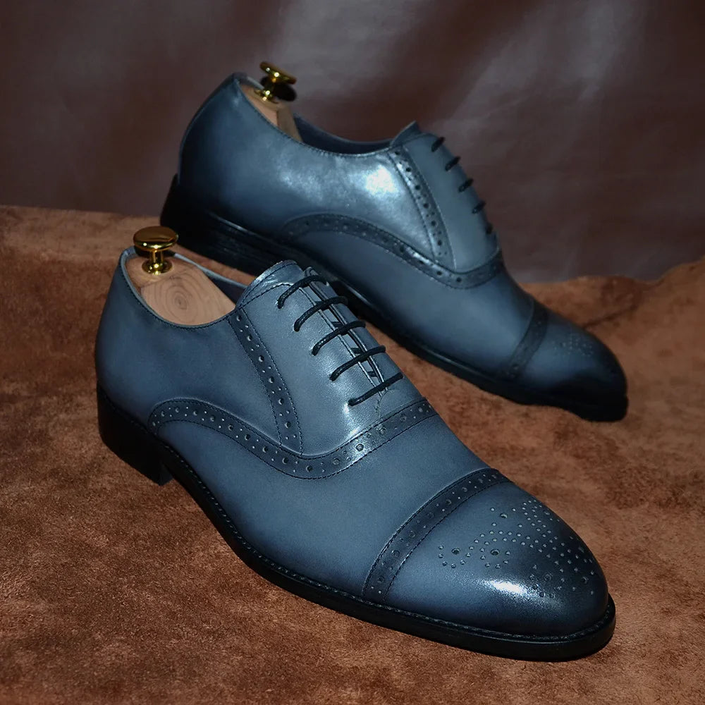 Italian Mens Dress Shoes Genuine Leather Cap Toe Oxfords Lace-up Black Brown Wedding Business Office Brogue Formal Shoes for Men