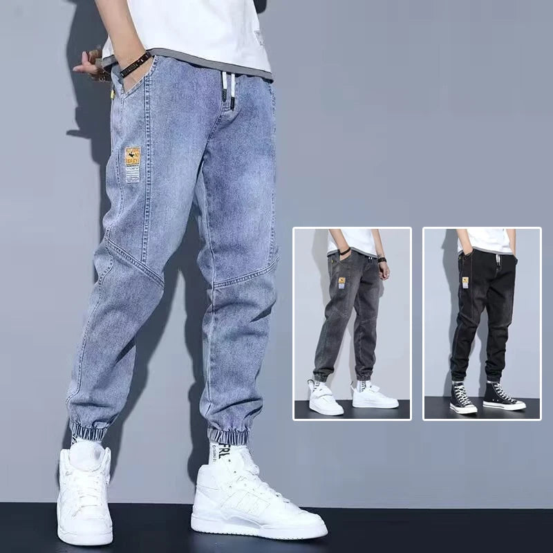 Men Jeans Elastic Tie Up Harem Denim Pants Male Bound Feet Designer Cargo Joggers Denim Trousers Daily Narrow Leg Casual Jeans
