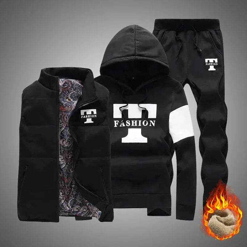 3 Pieces Set Hoodies+Vest+Pants Casual Track Suit Clothing Coats Winter Thick Warm Tracksuit for Couple Printed Mens Set Vest