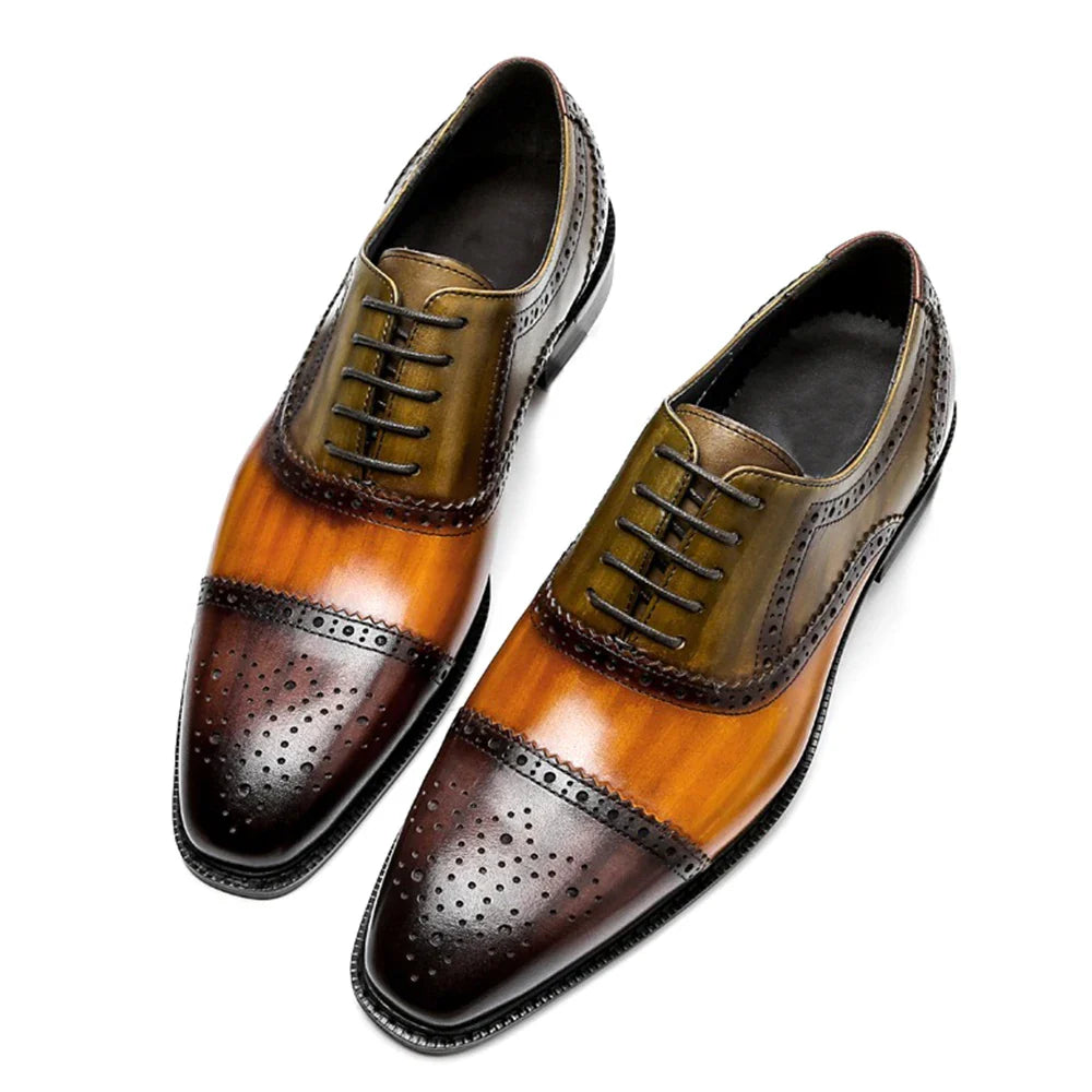 Color Block Genuine Leather Mens Formal Oxford Shoes Cap Toe Lace Up Brogue Business Party Elegant Gentleman Dress Shoes for Men