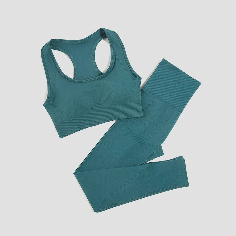 2/3Pcs Women Seamless Fitness Yoga Suit Workout Long Sleeve Crop Top Shirt Sports Bra High Waist Running Leggings Gym Clothing