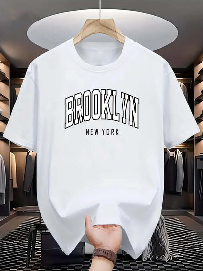 Men's Summer 100% Cotton Fashionable Casual Loose Brooklyn New York Printed Sports Round Neck Short Sleeved T-shirt Top
