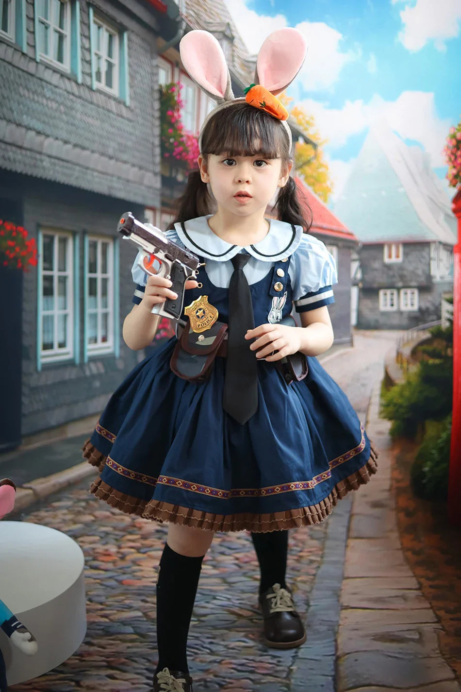 Judy Cosplay Costume Kids Carnival Party Dress Girls Tie Headdress Belt Socks Sets Police Role Play Movie Uniform Birthday Gift