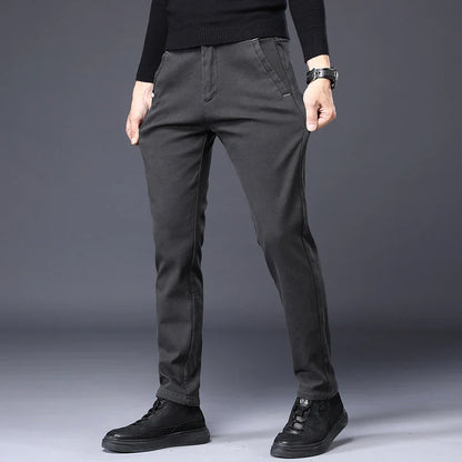 Men's Slim Suit Casual Pants Thick Fashion Embroidered Pocket Trousers Business Baggy Office Comfortable Elastic Pants Male