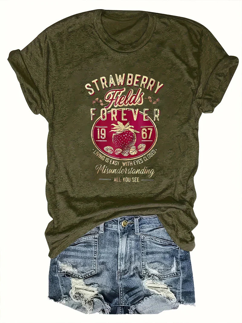 Harajuku Strawberry Fields Forever Letter Print Women T Shirt Short Sleeve Crew Neck Summer Casual Top for Women Clothes Shirts