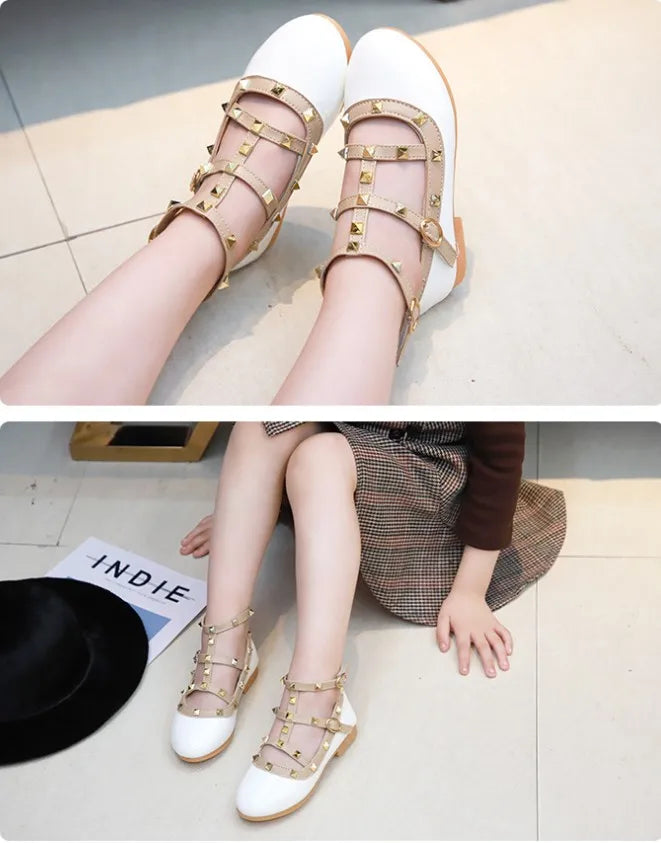 Girls Shoes Spring Children Shoes Girl Rivets Princess Autumn Toddler Girls Kids Flat Shoes T-Tied Style Girls Summer Sandals