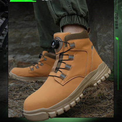 Leather Non Slip Work Boots for Men Rotating Button Safety Shoes Steel Toe Sneaker Male Puncture Proof Protective Boots