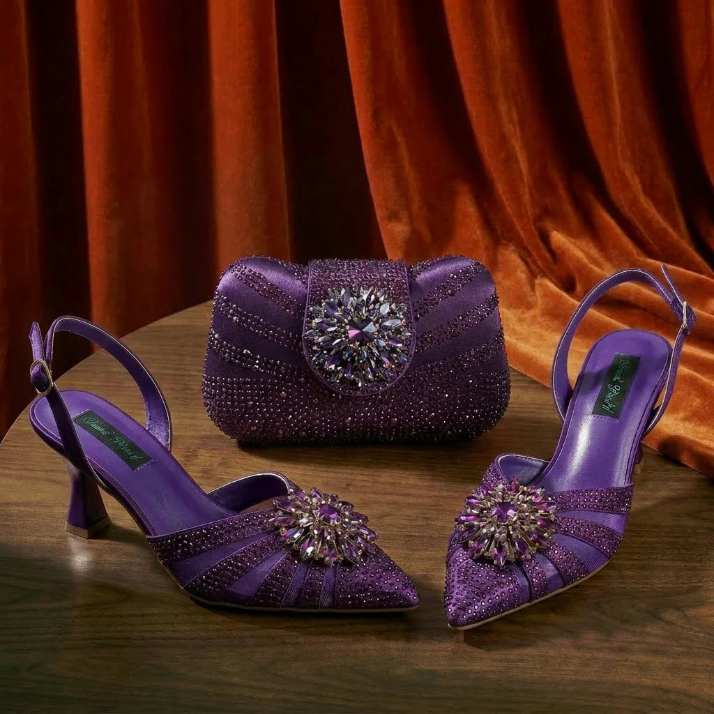 New Itlian Design Blue Color Rhinestone High Heel Shoe And Bag Fashion Style Pointed-Toe Shoes For Comfort Included Women Shoes