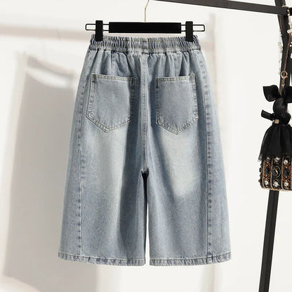 Casual Plus Size Denim Shorts Woman Boyfriend Loose Wide Leg Jeans Short Pants Midi Bermudas Elastic High Waisted Shorts Women