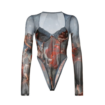 Vintage Print Sexy Bodysuit Lingerie See Through Gauze Lenceria Tranparente Long Sleeve Body Feminino Square Collar Bustier Tops