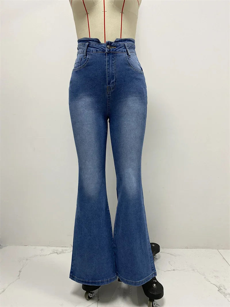 Spring 2025 New High Waist Dark Blue Midline Slim Fit Flared Denim Women's Bell Bottomed Pants Trousers Lady Washed Denim Jeans