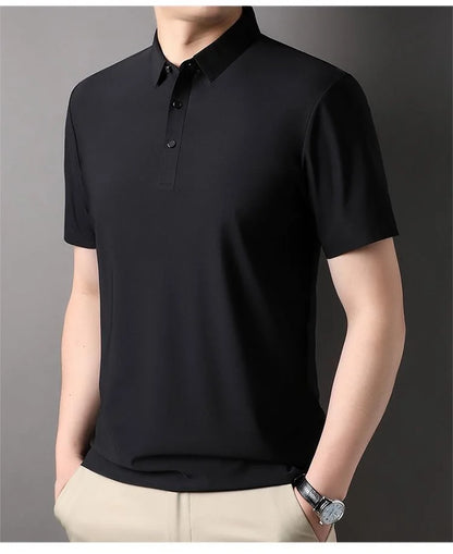 High quality wrinkle resistant ice silk short sleeve t-shirt men's summer Lapel loose casual solid color top high-end polo men