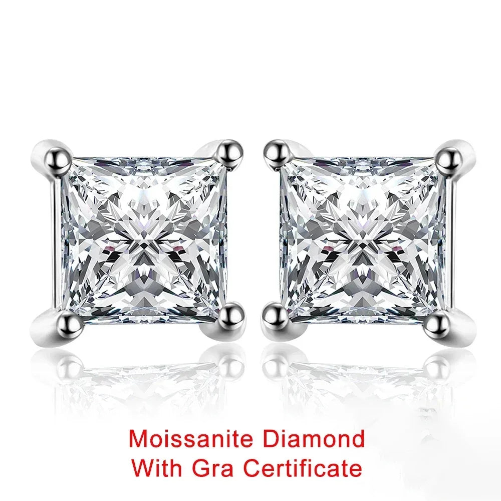 Certified 0.6/1/2/6carat Princess Cut Moissanite Diamond Stud Earrings for Women Men 925 Sterling Silver Square Ear Studs