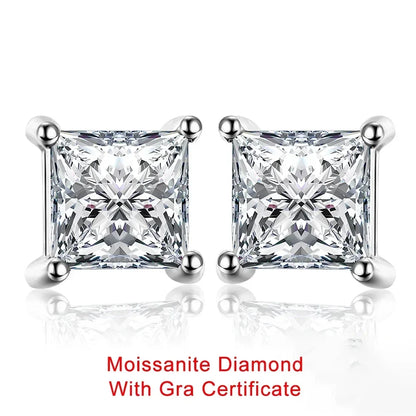 Certified 0.6/1/2/6carat Princess Cut Moissanite Diamond Stud Earrings for Women Men 925 Sterling Silver Square Ear Studs