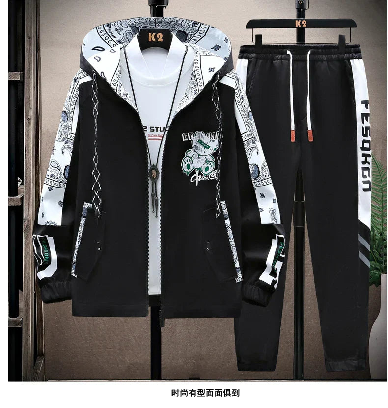 Spring Men Sportswear Tracksuit 2 Piece Running Sets Sports Hooded Jacket+Pant Sweatsuit Male Print Clothing Streetwear