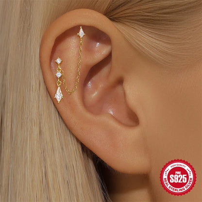 1PC Four Pointed Star Moon Tassel Lotus Cartilage Spiral Puncture 925 Sterling Silver Stud Earring For Women Ins Earring
