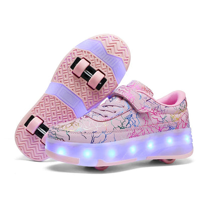 4 Wheel Dual-Use Roller Skates with Detachable Wheels ,Sneakers with LED Boys Girls Shoes with Wheels,Speed Skate Sizes 29-42
