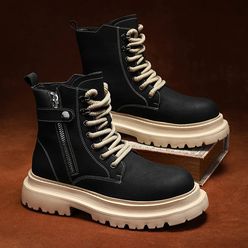 Men's Boots 2024 Autumn Thick Soled Zipper Lace-up Korean Belt Buckle Height Increasing Comfort High Top British Sports Boots