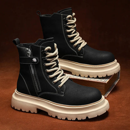 Men's Boots 2024 Autumn Thick Soled Zipper Lace-up Korean Belt Buckle Height Increasing Comfort High Top British Sports Boots