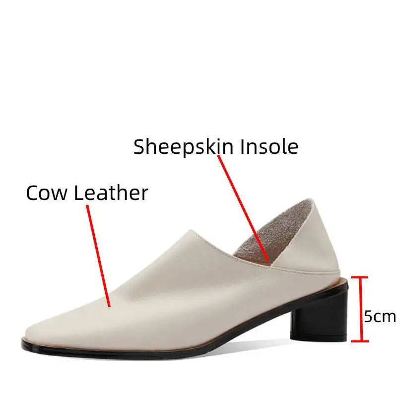 2025 Hot Sale slip-on Genuine Leather Women Pumps Square Toe Med Thick Heels Soft Upper Pumps Office Ladies Dress Shoes