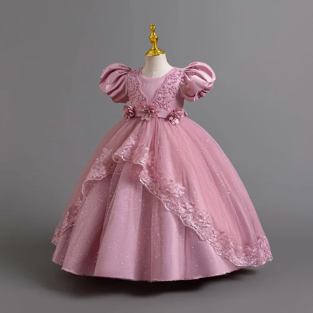 Girl's Pearl Bubble Sleeves Princess Dress 4-12 Years Old Fashionable Flower Lace Satin Dress Birthday Wedding Flower Girl Dress