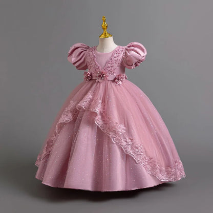 Girl's Pearl Bubble Sleeves Princess Dress 4-12 Years Old Fashionable Flower Lace Satin Dress Birthday Wedding Flower Girl Dress