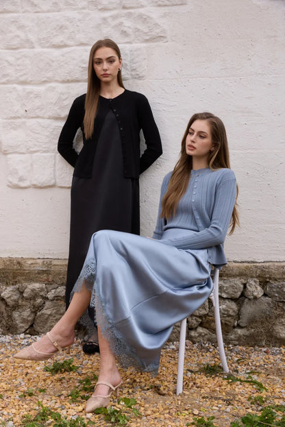 Lace slip satin dress + lace satin skirt +knitting vest + knitting cardigan collection woman dressy outfit